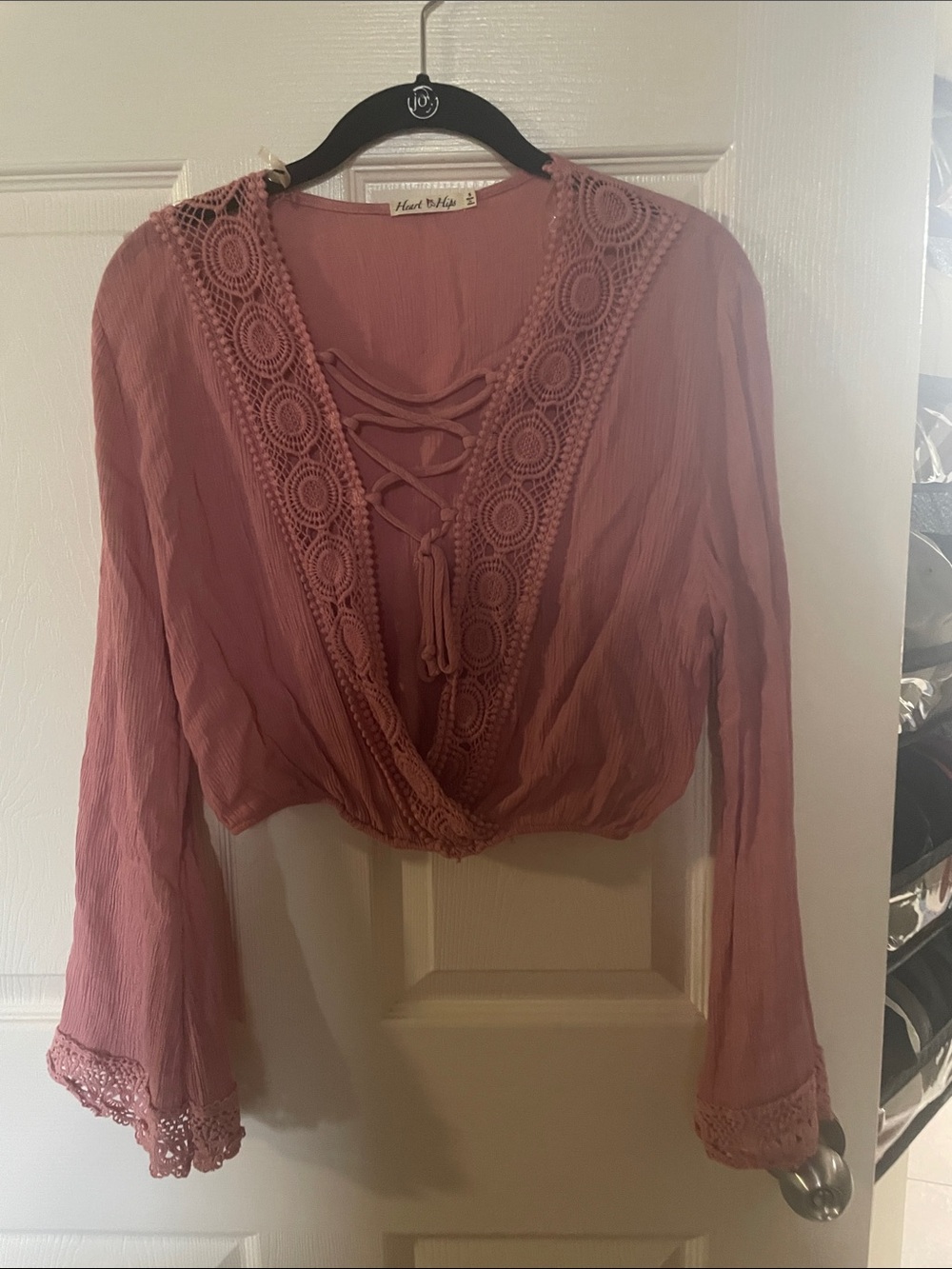 Heart Hips Rose Lace-Front Cropped Peasant Top